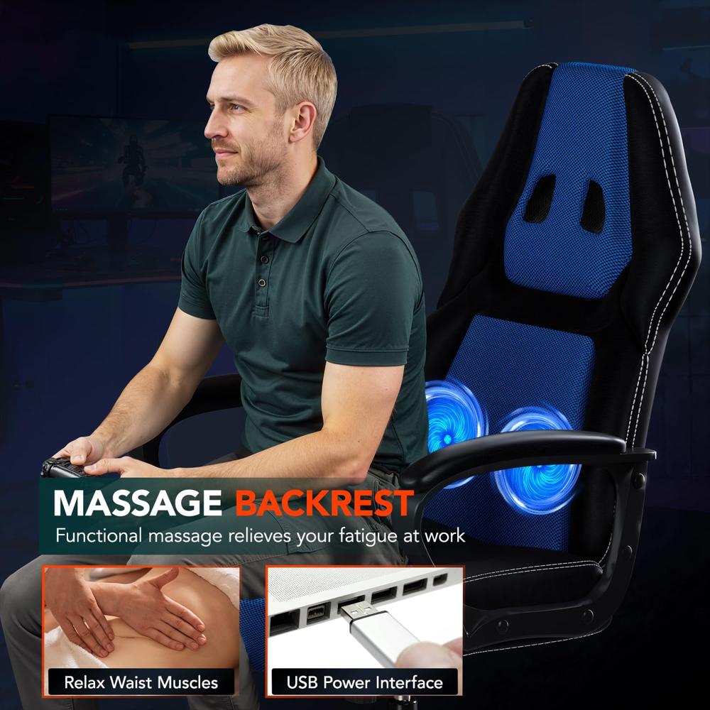 Silla Gamer Bestoffice Ergonomica Con Masaje Lumbar Soporte Ajustable Color Azul img #4
