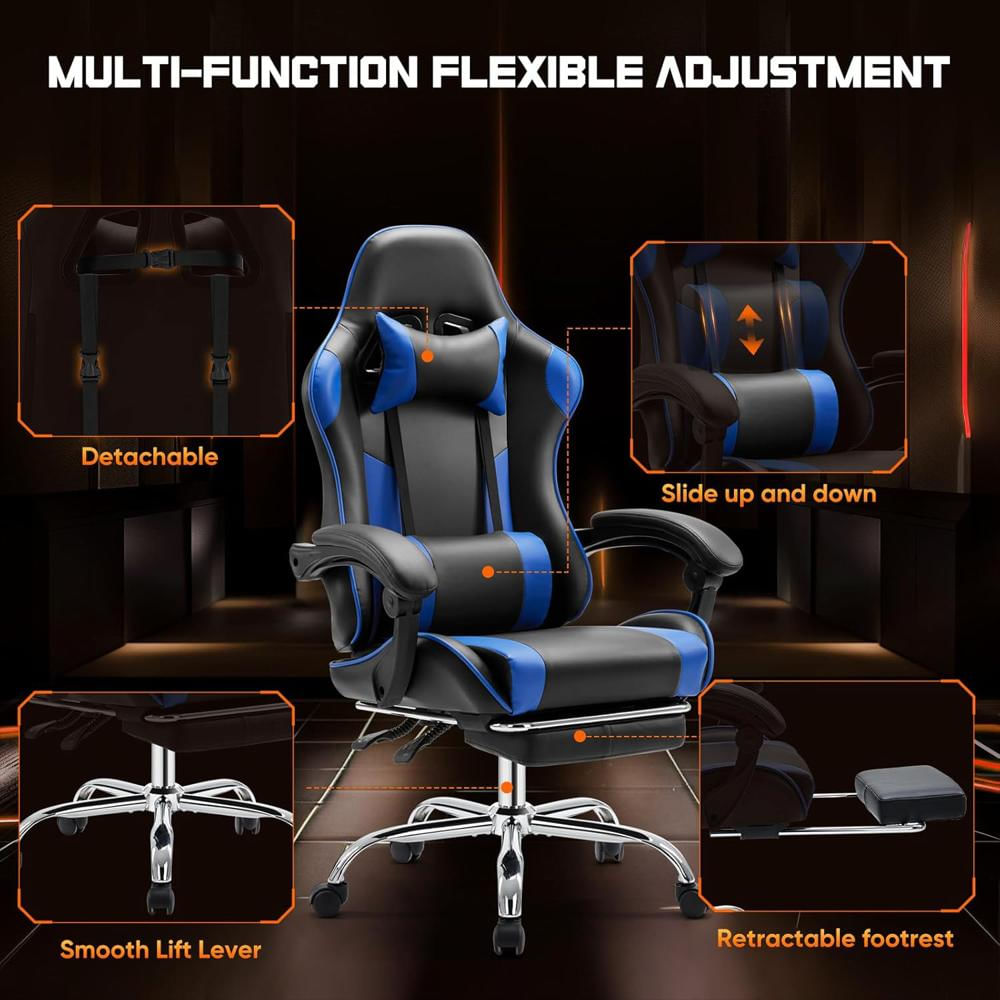 Silla Gamer Dumos Ergonómica Piel Sintética Reclinable Azul Con Reposapiés Y Reposacabezas img #5