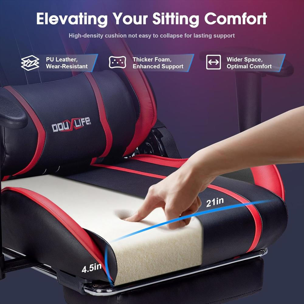Silla Gamer Douxlife Ergonómica Masaje 7 Puntos Reclinable Color Rojo Con Reposapiés Soporte Lumbar img #3