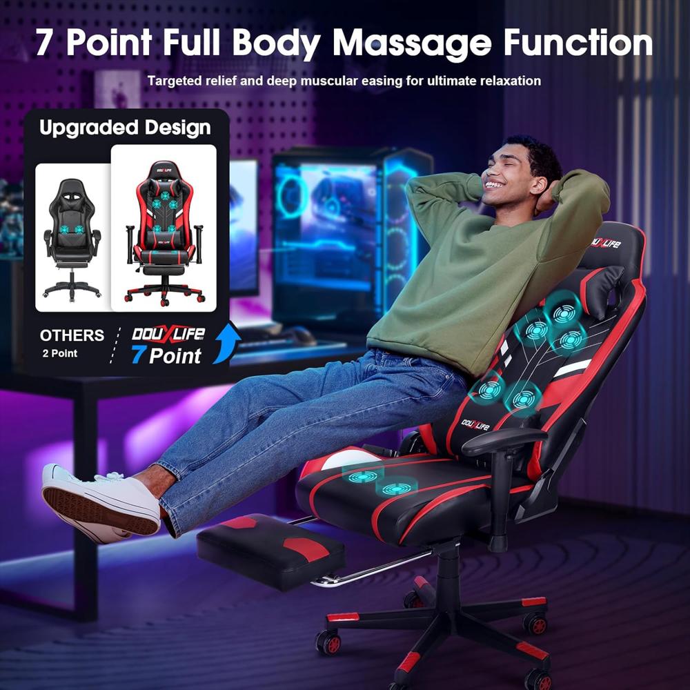 Silla Gamer Douxlife Ergonómica Masaje 7 Puntos Reclinable Color Rojo Con Reposapiés Soporte Lumbar img #4