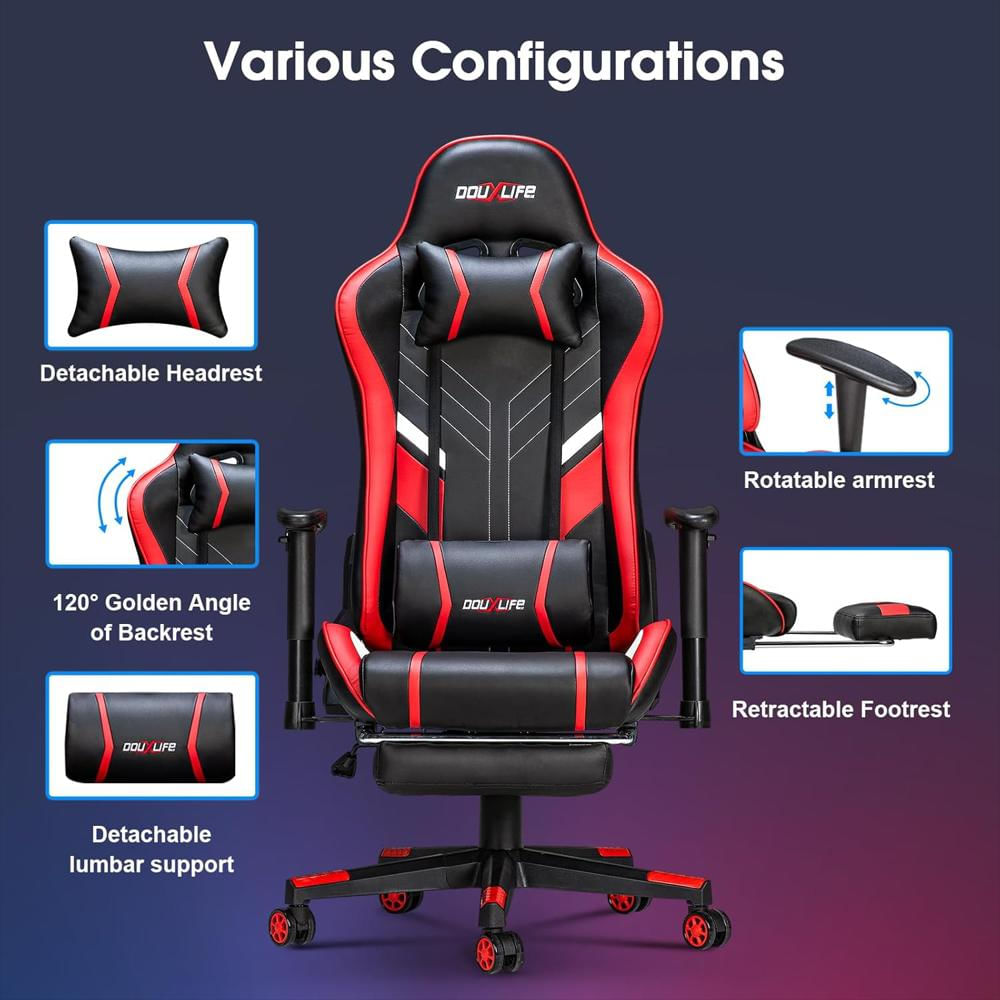Silla Gamer Douxlife Ergonómica Masaje 7 Puntos Reclinable Color Rojo Con Reposapiés Soporte Lumbar img #5