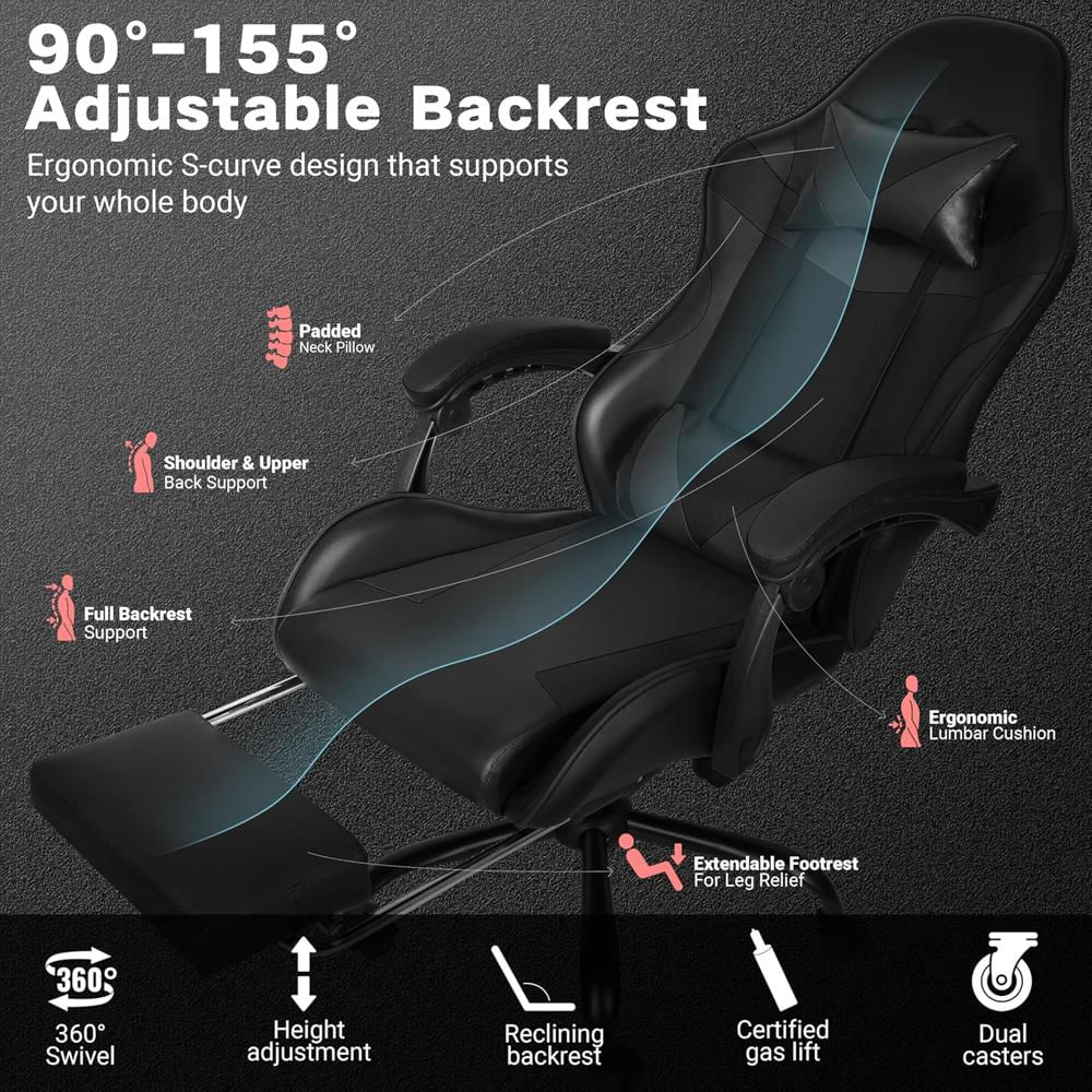 Silla Gamer Ray Bear Ergonométrica Reposapiés Soporte Lumbar Giratoria 360° Negra img #3