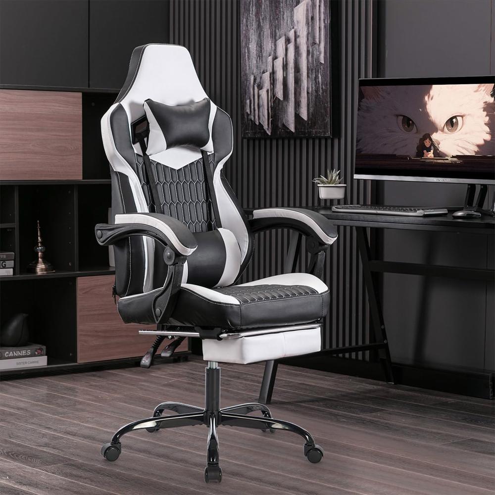 Silla Gamer Majnesvon Ergonómica Cuero Reposapiés Soporte Lumbar Negro Y Blanco img #2