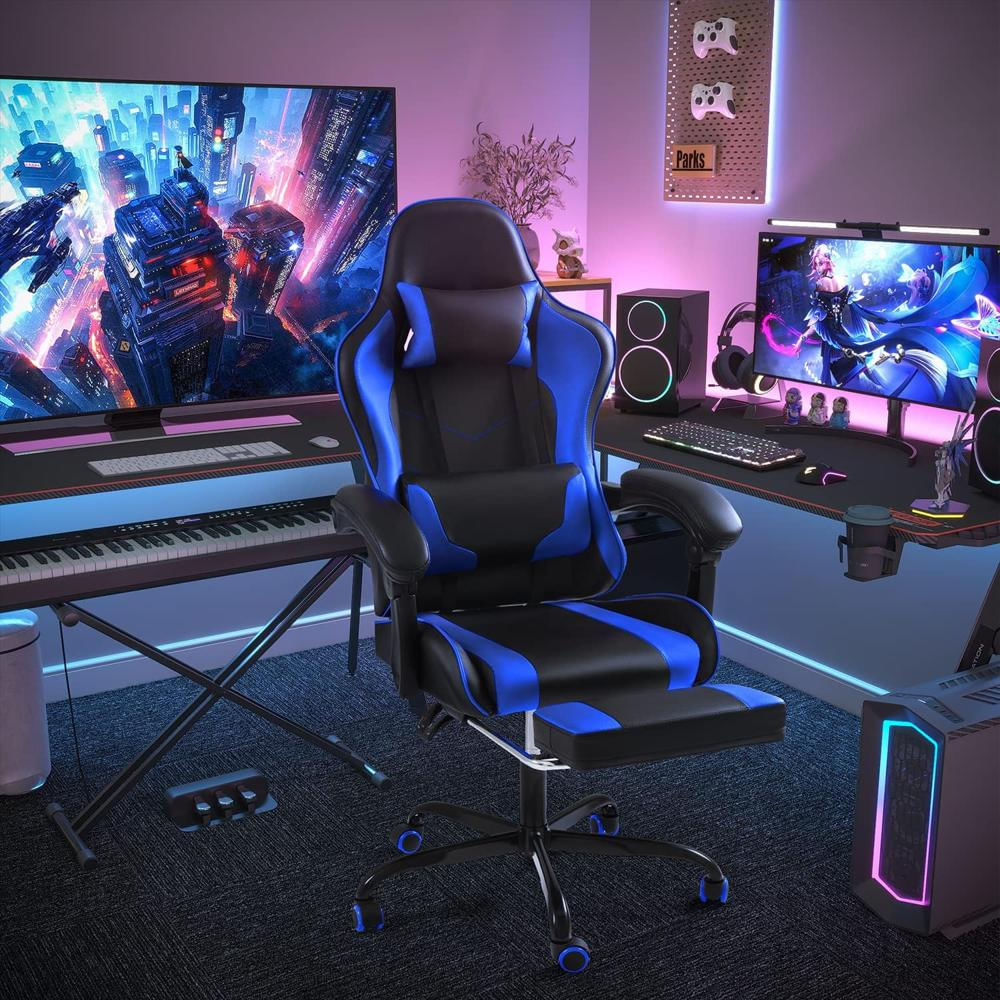 Silla Gamer Shahoo Ergonómica Giratoria Azul Con Reposapiés Y Soporte Lumbar Masajiante img #2