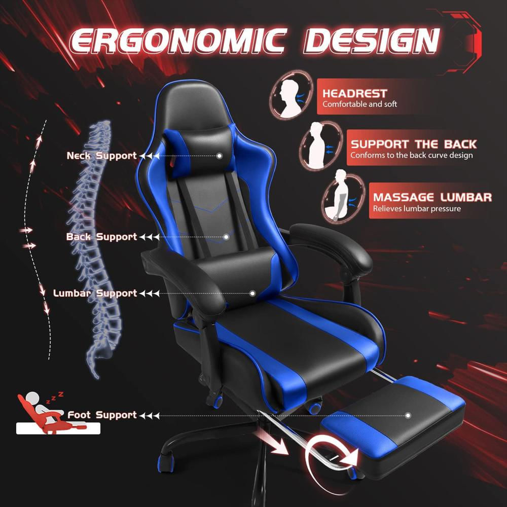 Silla Gamer Shahoo Ergonómica Giratoria Azul Con Reposapiés Y Soporte Lumbar Masajiante img #5
