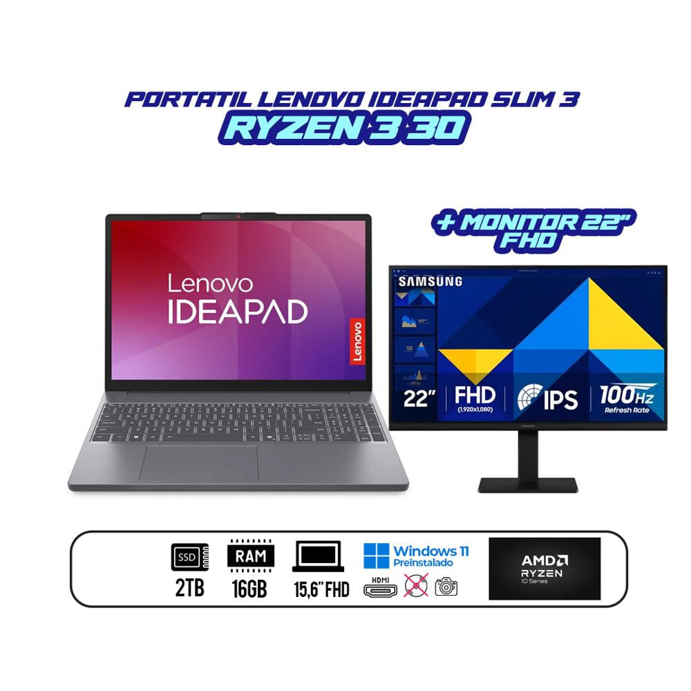 Portatil Lenovo Ideadpad Slim 3 16Gb Ddr5 2Tb Ryzen 3 30 15,6 pulgadas Fhd + Monitor 22 pulgadas Fhd img #2