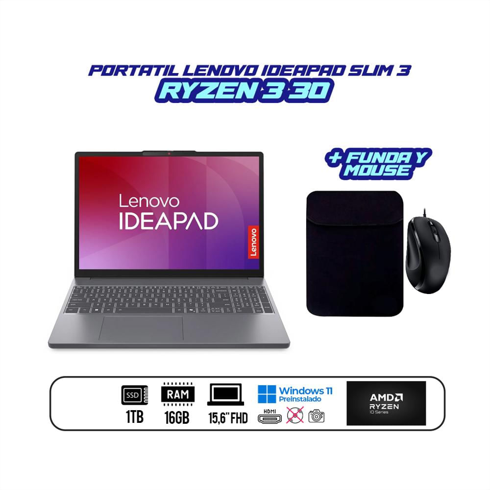 Portatil Lenovo Ideadpad Slim 3 16Gb Ddr5 1Tb Ryzen 3 30 15,6 pulgadas Fhd + Funda Y Mouse img #2