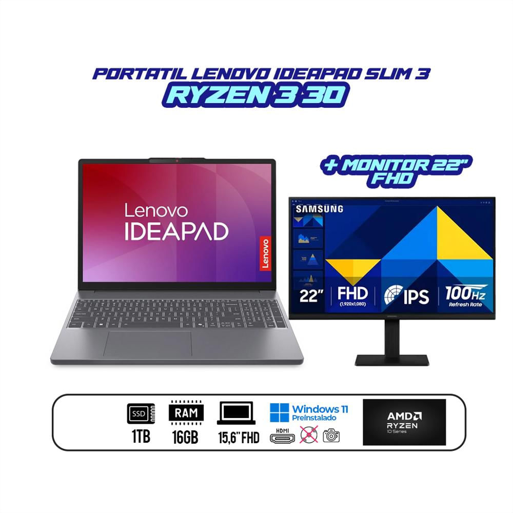 Portatil Lenovo Ideadpad Slim 3 16Gb Ddr5 1Tb Ryzen 3 30 15,6 pulgadas Fhd + Monitor 22 pulgadas Fhd img #2