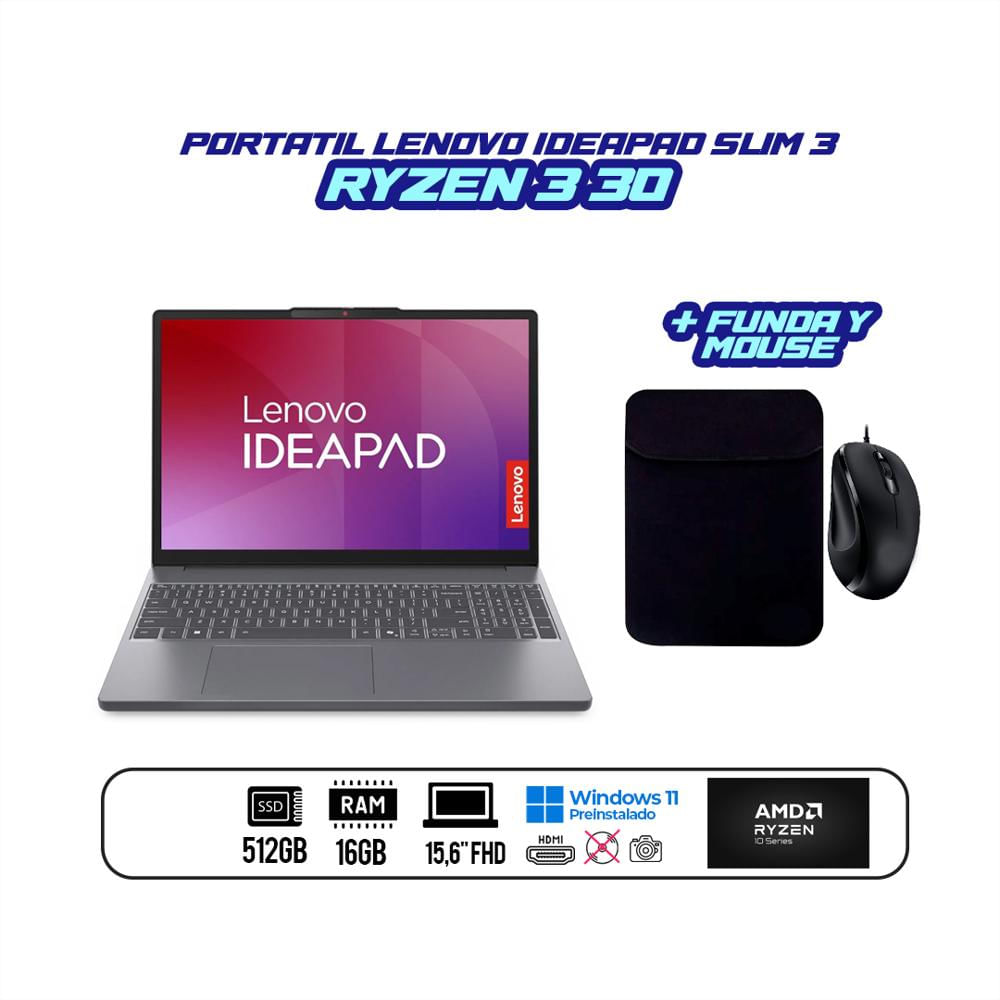 Portatil Lenovo Ideadpad Slim 3 16Gb Ddr5 512Gb Ryzen 3 30 15,6 pulgadas Fhd + Funda Y Mouse img #2