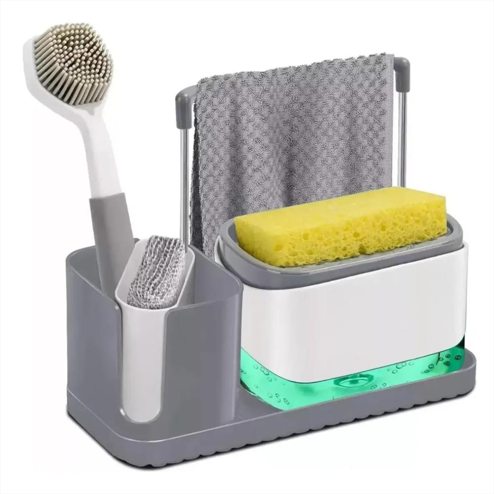 Kit Dispensador De Jabón Liquido Con Soporte De Esponja Para Cocina En Color Gris img #1