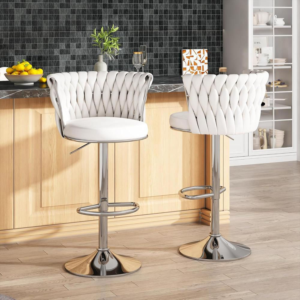 Juego De Taburetes Awqm Terciopelo Giratorios Ajustables Color Beige img #1