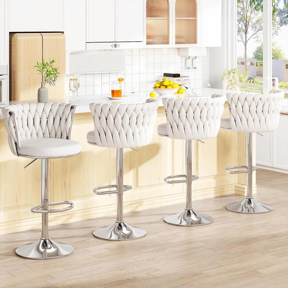 Juego De Taburetes Awqm Terciopelo Giratorios Ajustables Color Beige img #3