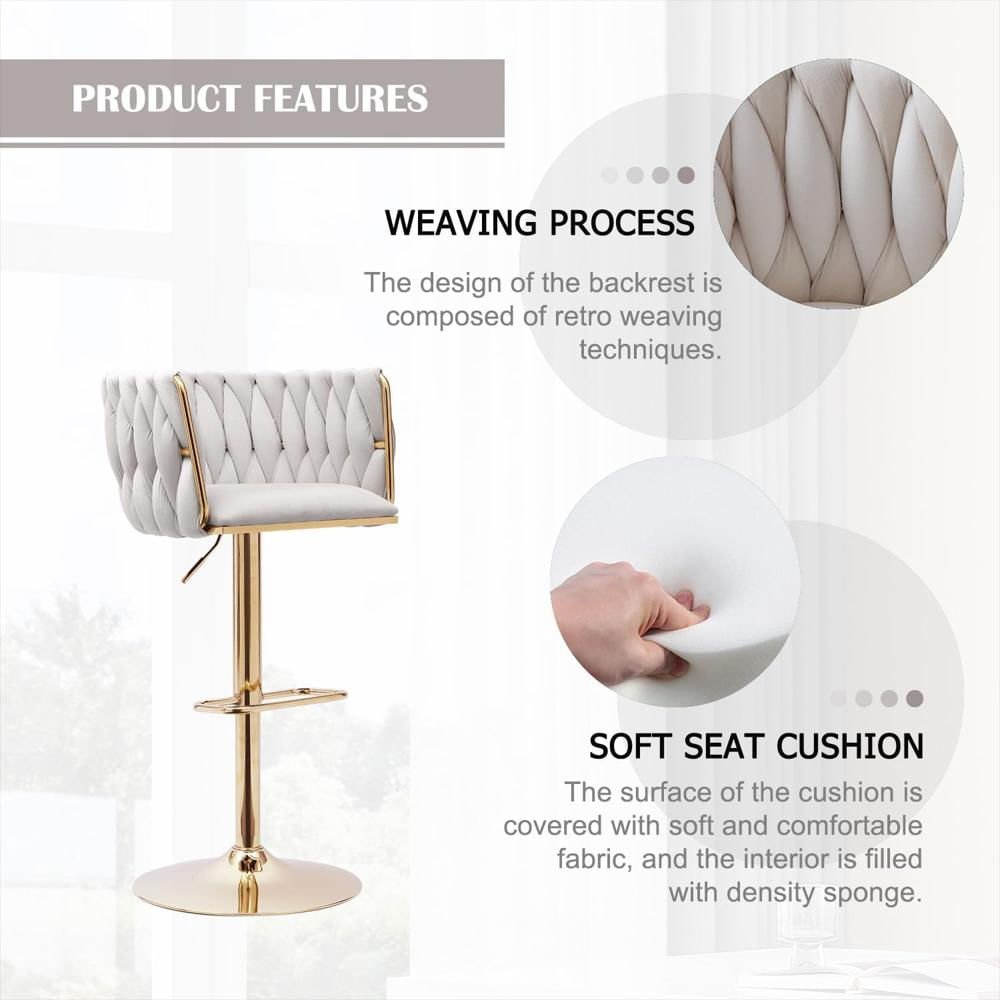 Juego De Taburetes Echingle Terciopelo Beige Ajustables Giratorios 360° Pata Oro img #5