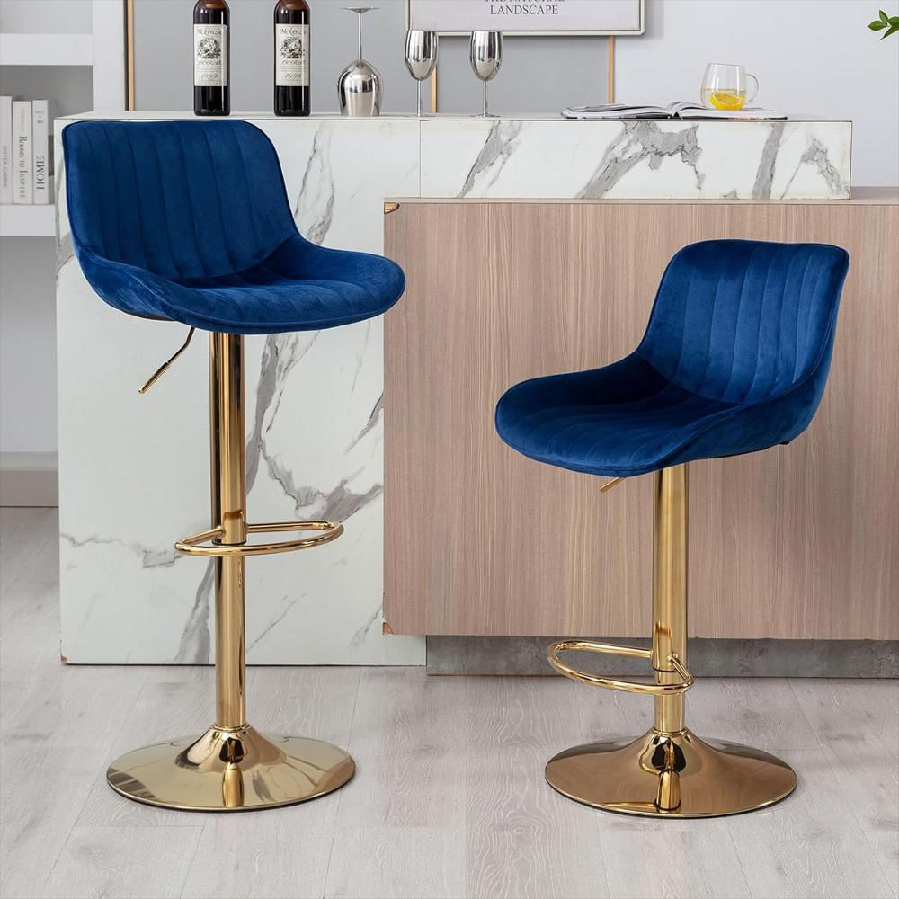 Taburete De Bar Kiztir Terciopelo Ajustable Giratorio Dorado Azul img #2