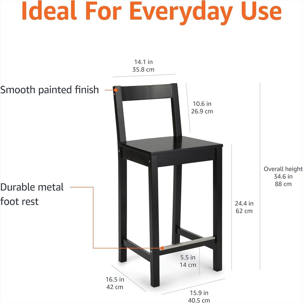 Taburete De Bar Amazon Basics Madera Con Respaldo 61 Cm Negro img #2