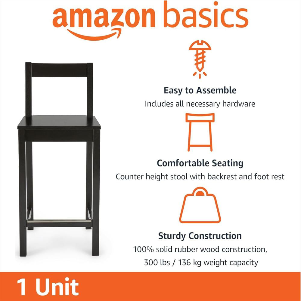 Taburete De Bar Amazon Basics Madera Con Respaldo 61 Cm Negro img #3