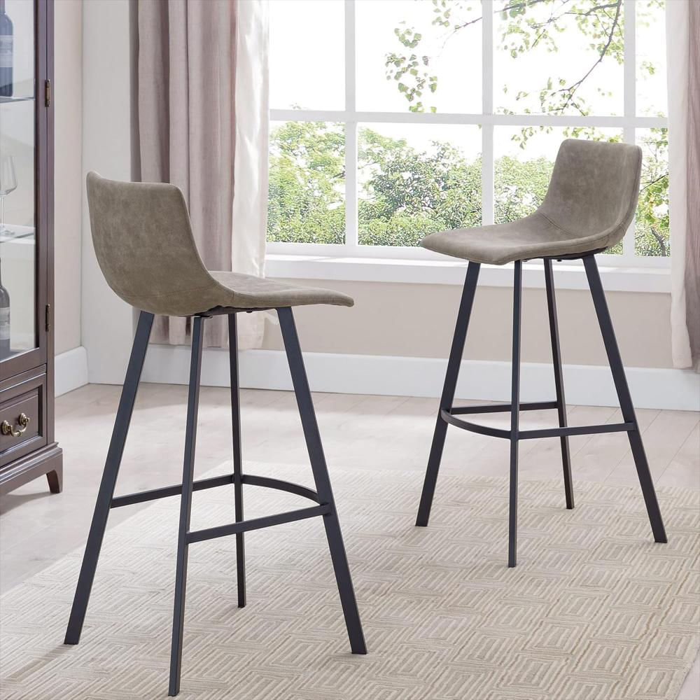 Taburete De Bar Leick Tapizado Microfibra Set 2 Gris Y Negro Base Acero Estilo Moderno img #2