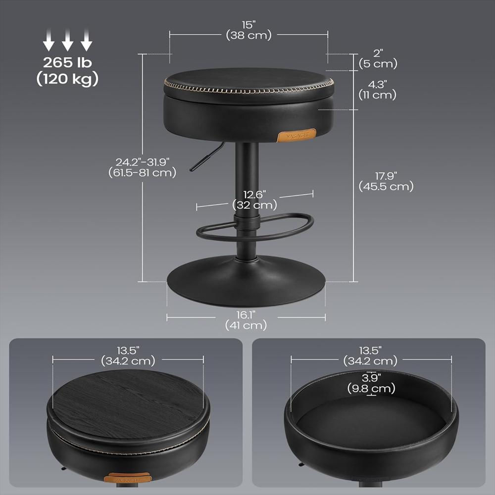 Taburete De Bar Vasagle Giratorio 360° Cuero Sintético Negro Ajustable Con Almacenamiento img #3