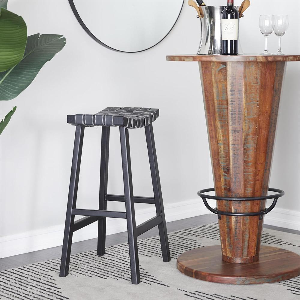 Taburete Deco 79 Rústico Madera Maciza Asiento Cuero Sintético Negro 76 Cm img #2