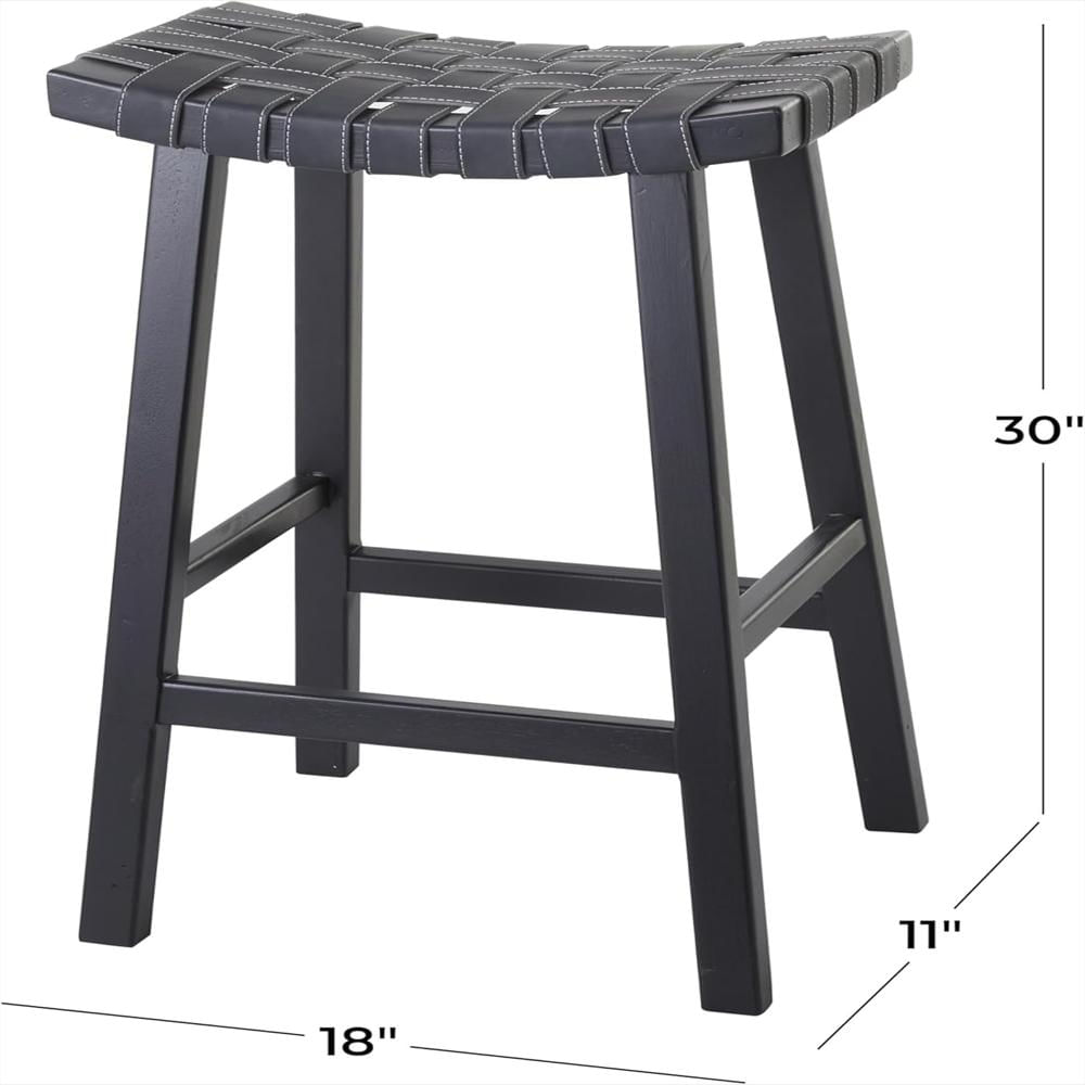 Taburete Deco 79 Rústico Madera Maciza Asiento Cuero Sintético Negro 76 Cm img #3