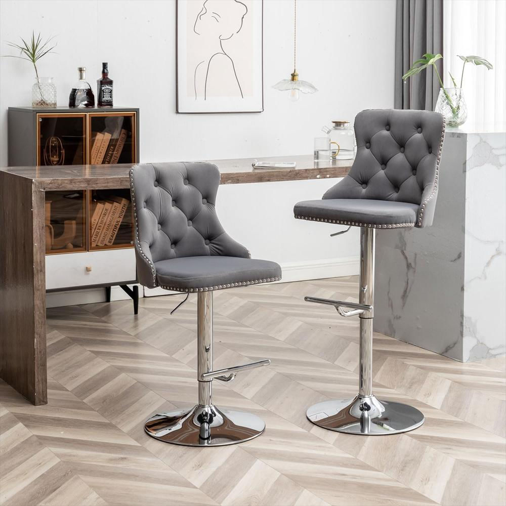 Taburete De Bar Riknuxi Terciopelo Gris Ergonométrico Giratorio 4 Piezas img #2