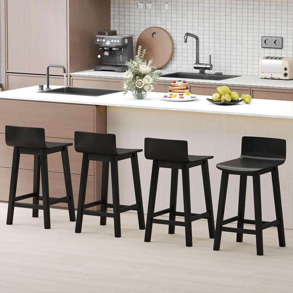 Taburete De Bar Giantex Madera Maciza 62 Cm Respaldo Bajo Diseño Retro Negro img #5