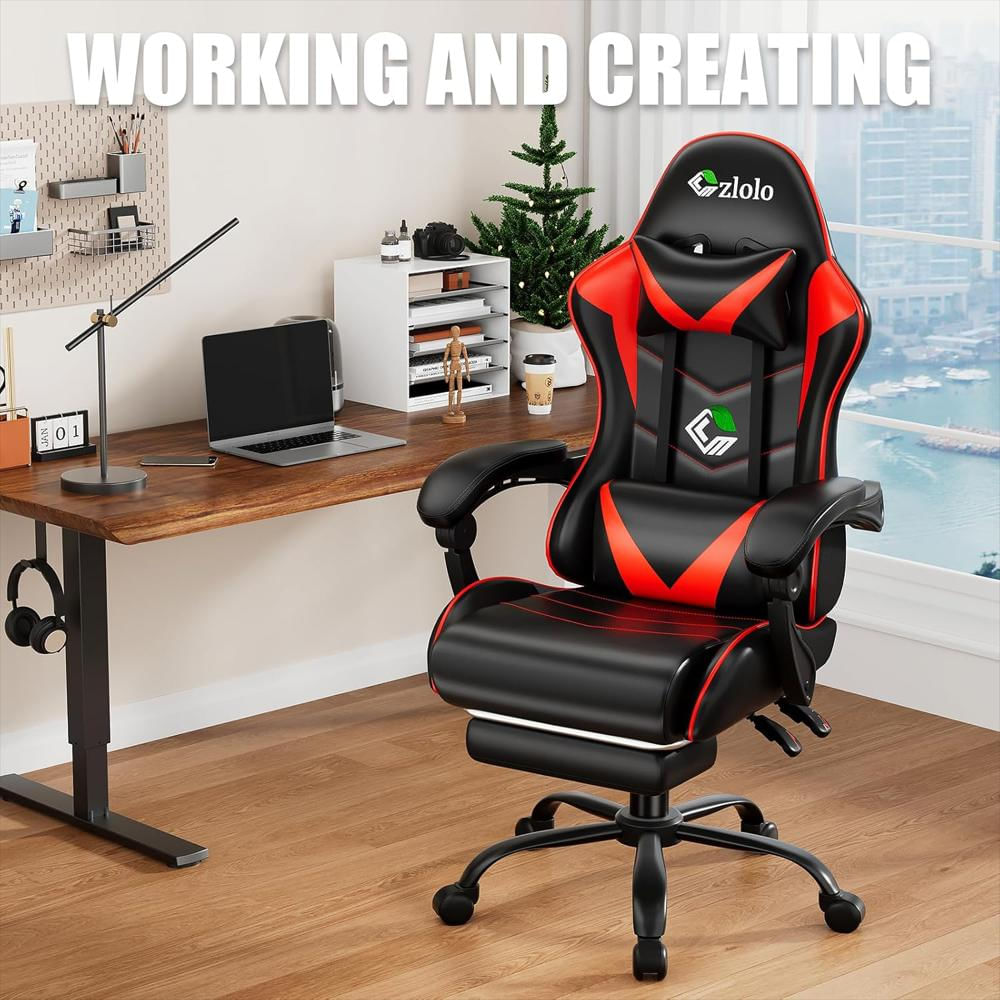 Silla Gamer Czlolo Ergonómica Reclinable Con Reposapiés Y Masajeador Lumbar Roja img #3