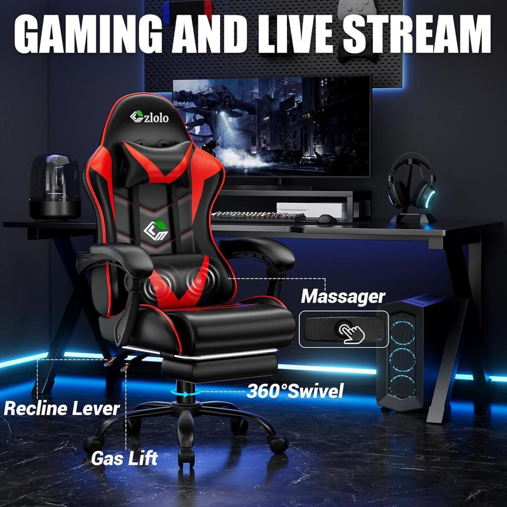 Silla Gamer Czlolo Ergonómica Reclinable Con Reposapiés Y Masajeador Lumbar Roja img #4