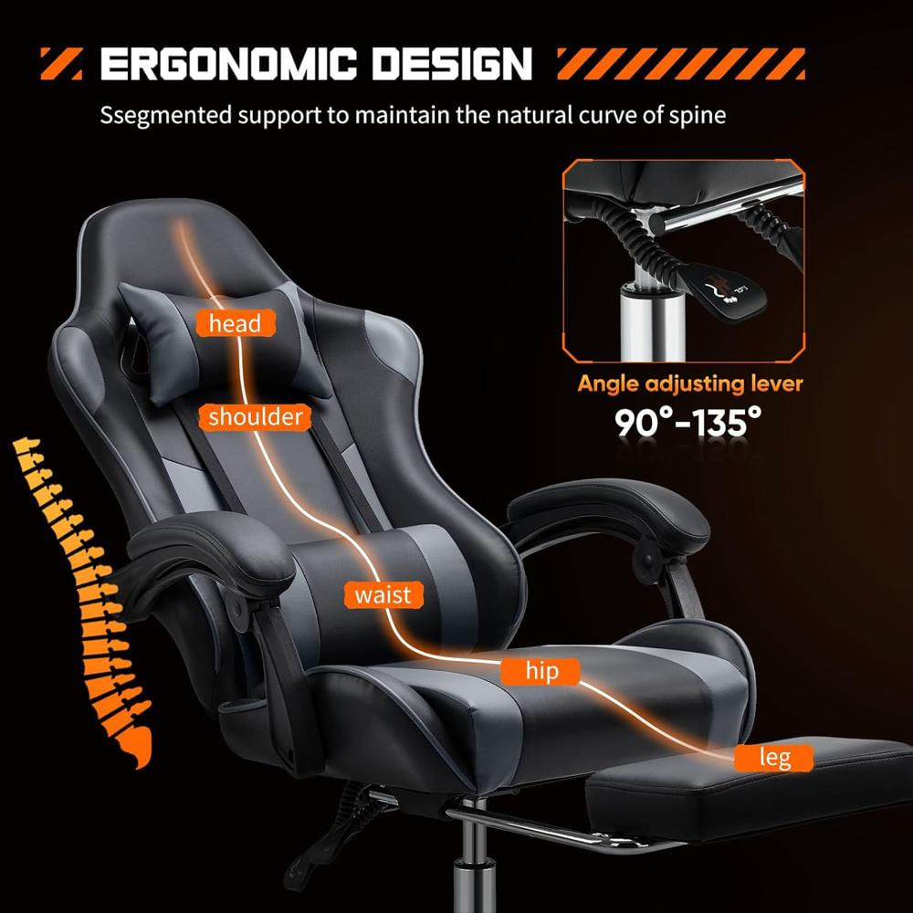 Silla Gamer Sweetcrispy Ergonómica Piel Sintética Color Gris Reclinable Con Reposapiés Y Soporte Lumbar img #5