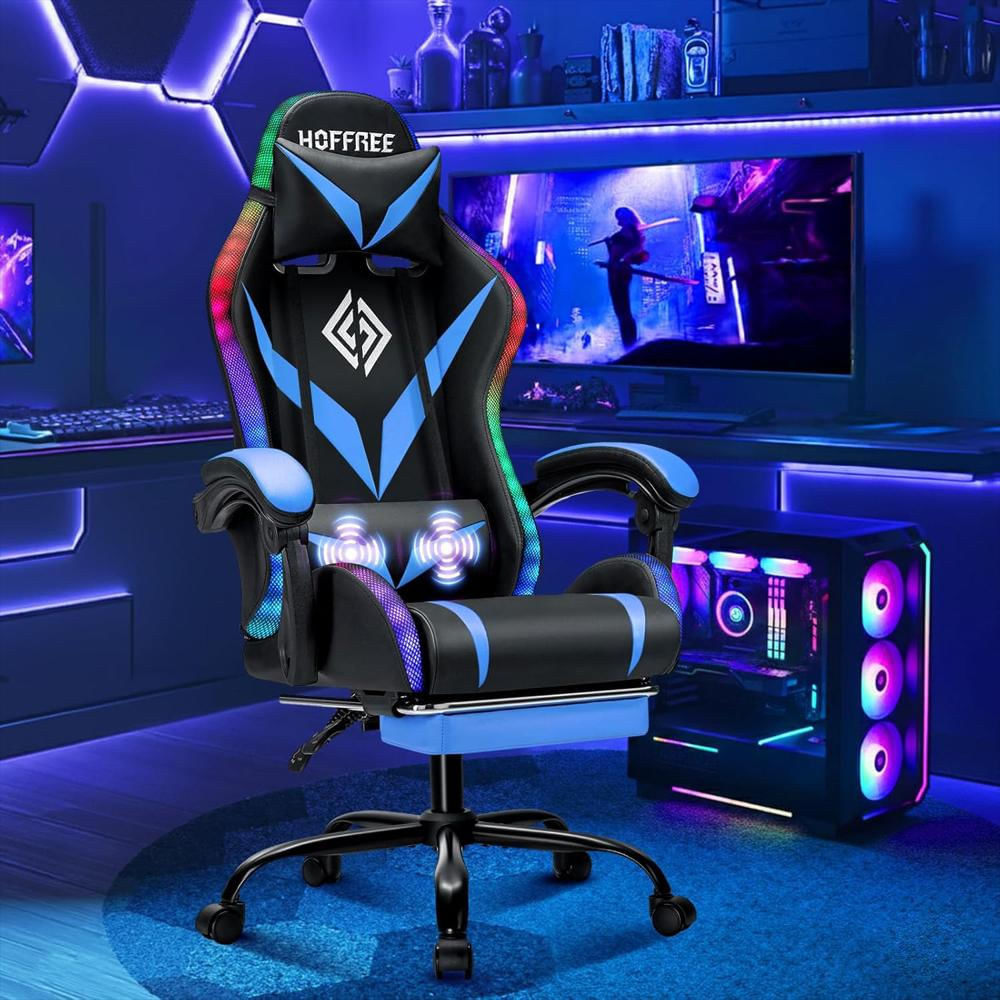 Silla Gamer Vanspace Ergonómica Con Masaje Luces Led Rgb Reclinable Azul Y Negro img #2