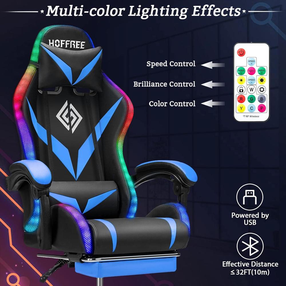 Silla Gamer Vanspace Ergonómica Con Masaje Luces Led Rgb Reclinable Azul Y Negro img #5