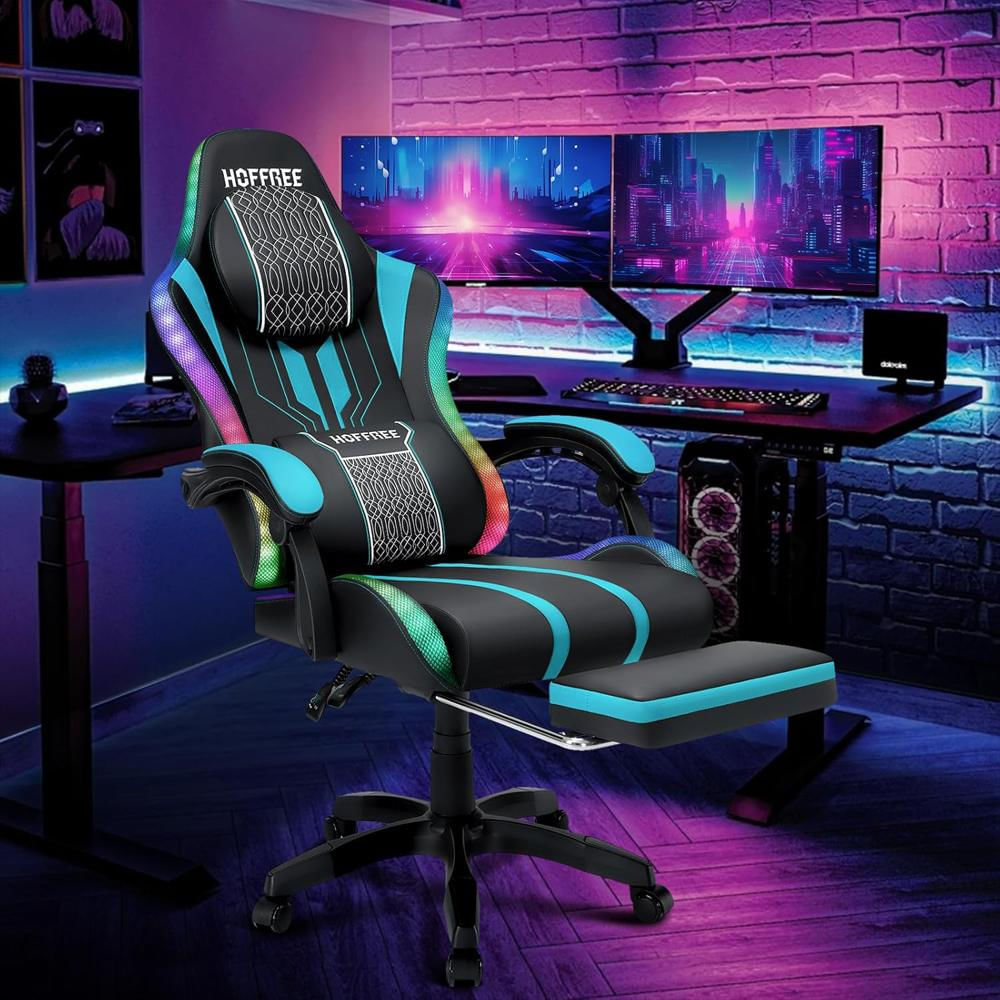Silla Gamer Hoffree Led Bluetooth Masaje Reclinable Azul Y Negro Para 400 Libras img #2