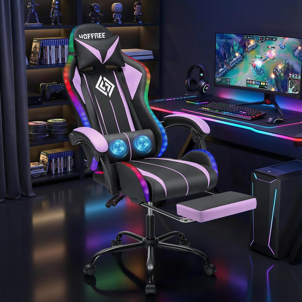 Silla Ergonómica Hoffree Con Luces Led Rgb Reposapiés Masaje Lumbar Púrpura img #2