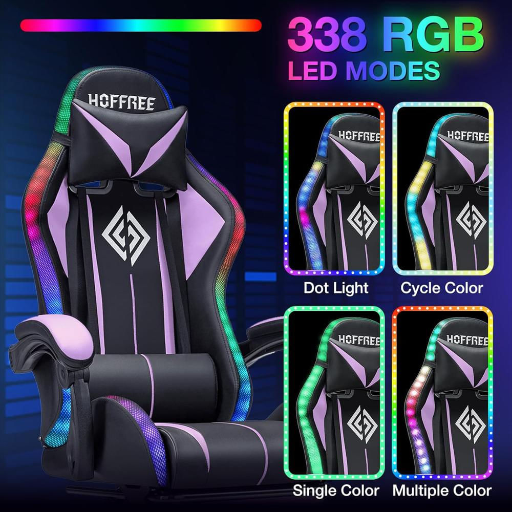 Silla Ergonómica Hoffree Con Luces Led Rgb Reposapiés Masaje Lumbar Púrpura img #4