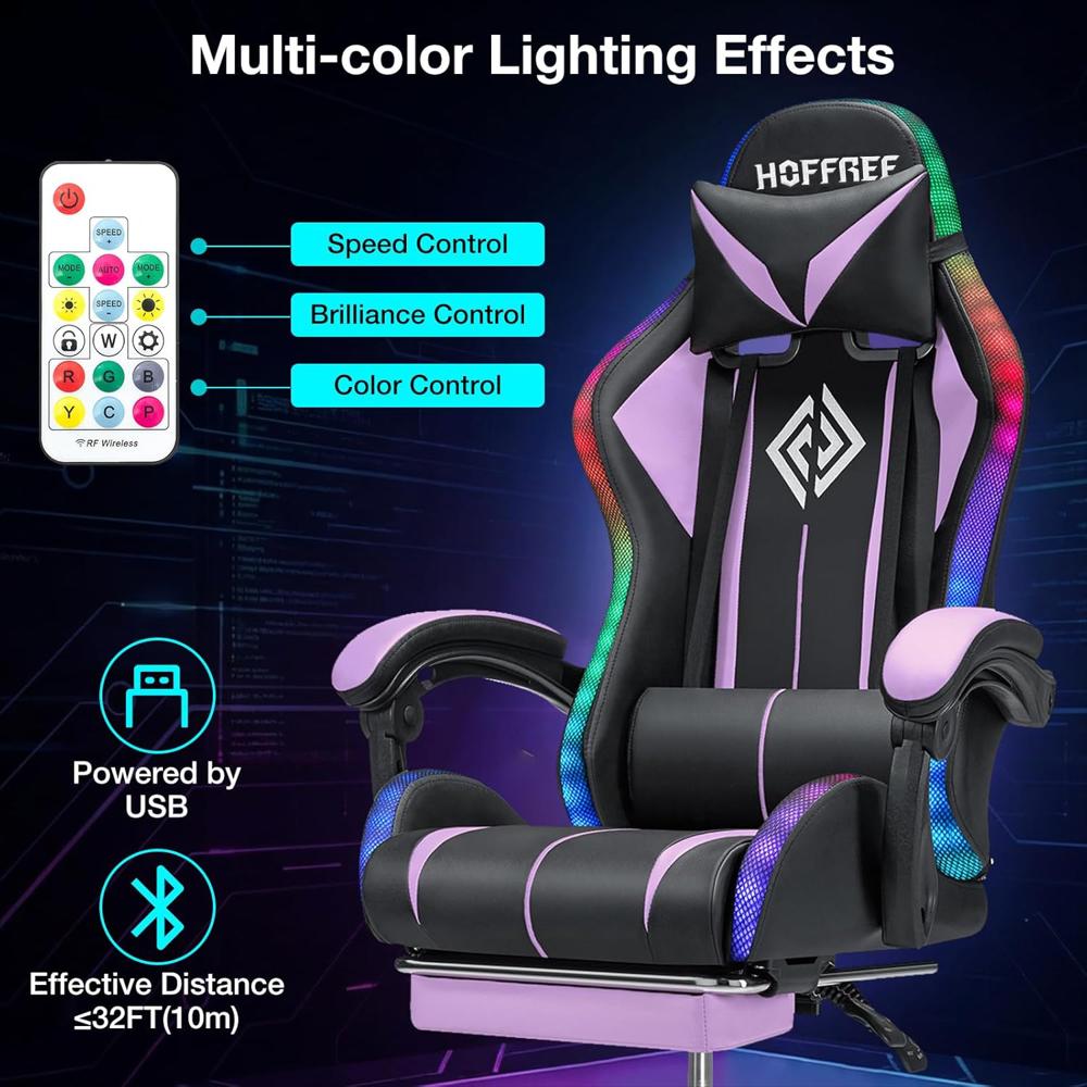 Silla Ergonómica Hoffree Con Luces Led Rgb Reposapiés Masaje Lumbar Púrpura img #5