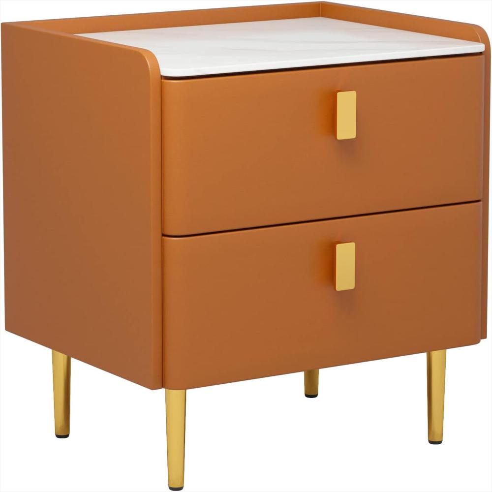 Mesita De Noche Mgh Diseño Moderno Con 2 Cajones Piel Sintética Mármol Sintético Dorado img #1