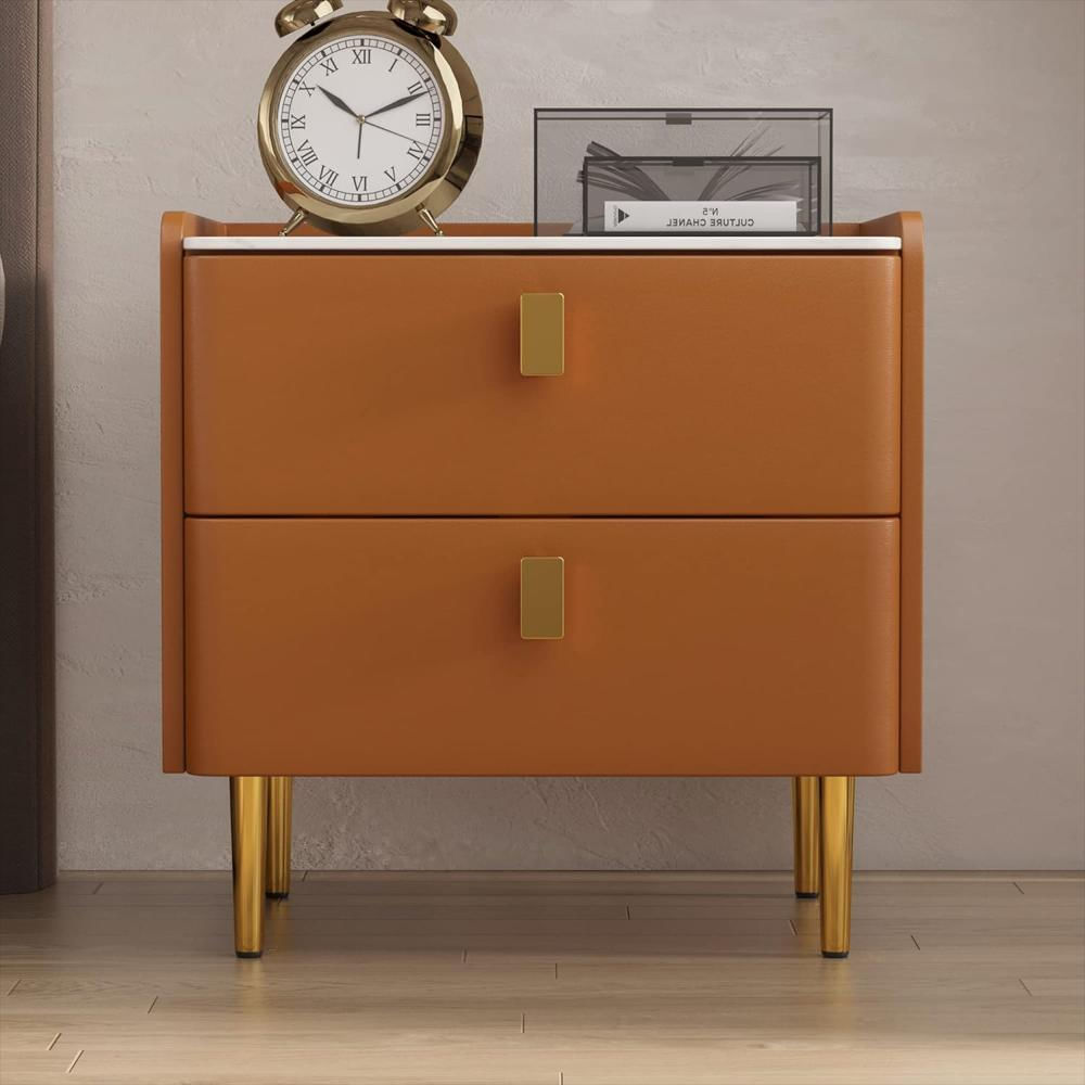 Mesita De Noche Mgh Diseño Moderno Con 2 Cajones Piel Sintética Mármol Sintético Dorado img #2