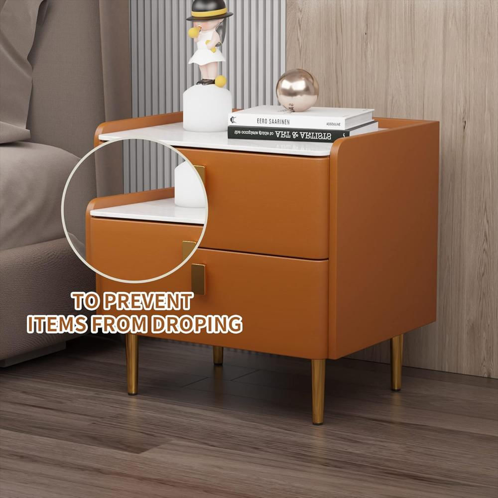 Mesita De Noche Mgh Diseño Moderno Con 2 Cajones Piel Sintética Mármol Sintético Dorado img #4