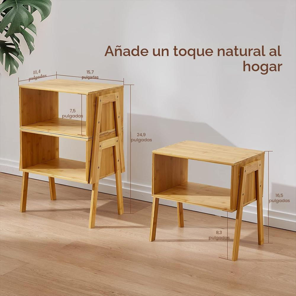 Mesas Auxiliares Pipishell Apilables Madera Bambú 2 Piezas 64.3 Cm Almacenamiento img #3