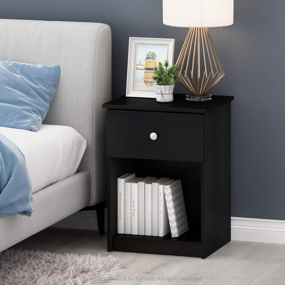 Mesita De Noche Furinno Diseño Moderno Con Cajón Estante Abierto Roble Negro img #2