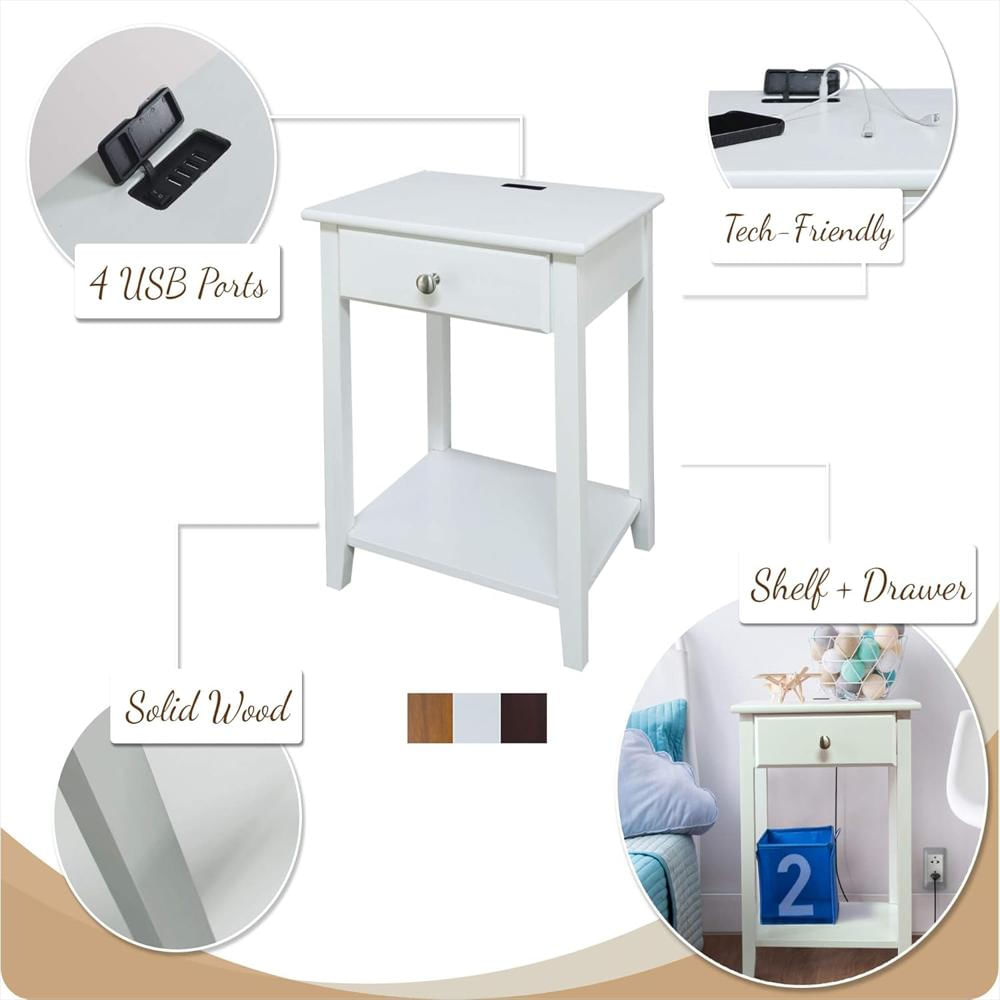 Mesa De Noche Casual Home Madera Maciza Blanco 4 Puertos Usb Cargador Integrado img #4
