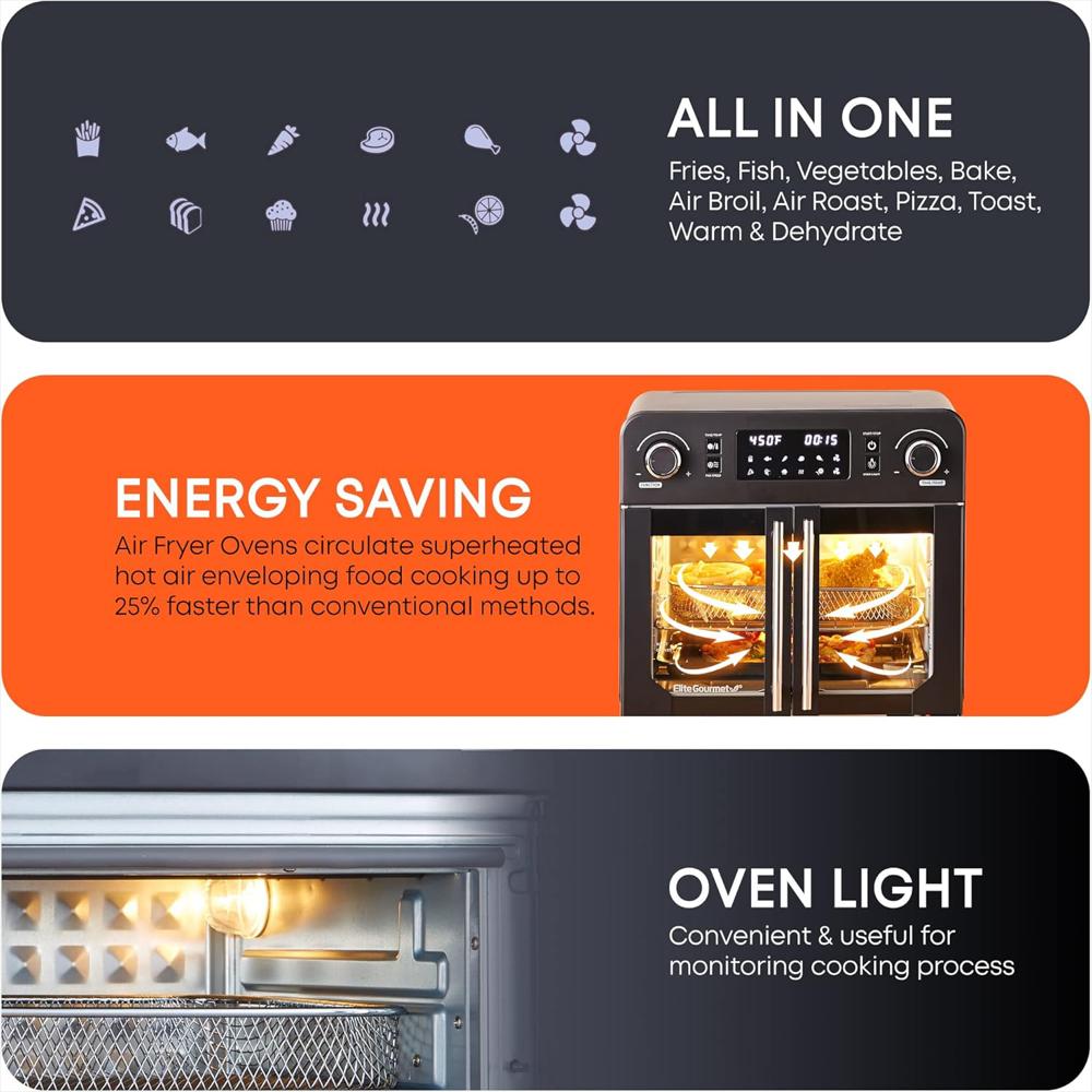 Horno Freidora De Aire Elite Gourmet Acero Inoxidable 23 Litros Puertas Francesas img #2