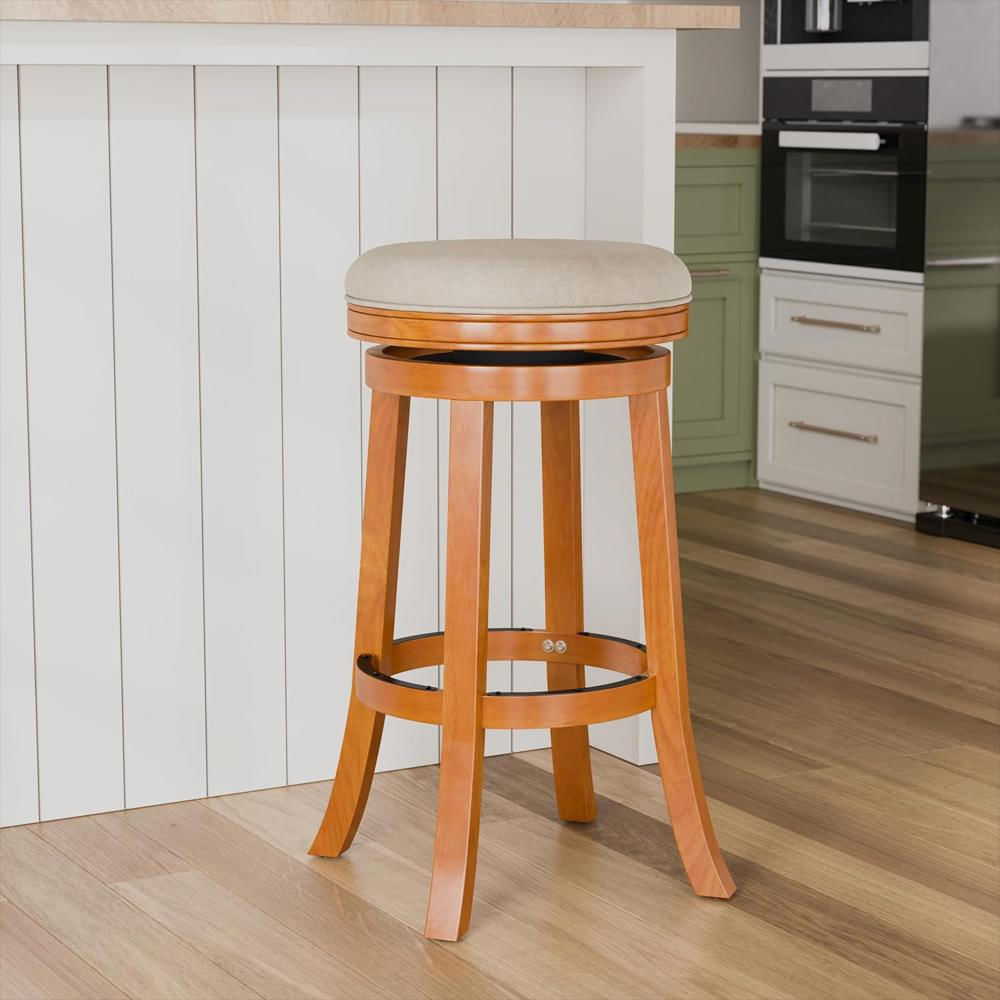 Taburete Giratorio Dty Madera De Caucho Natural Asiento Tela Beige Altura 76 Cm img #2