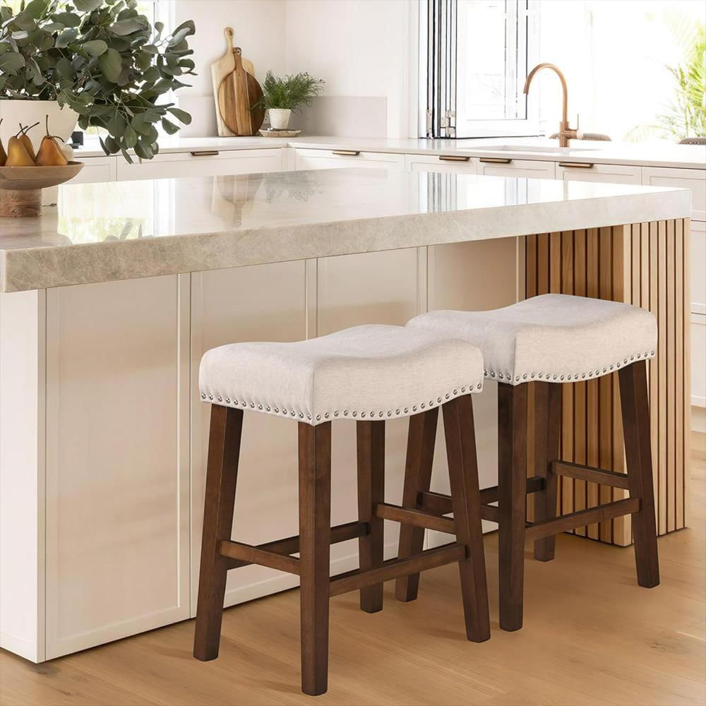 Taburete Larksperal Moderno Sin Respaldo 60 Cm Madera Y Cojín De Lino Beige Juego De 2 img #2