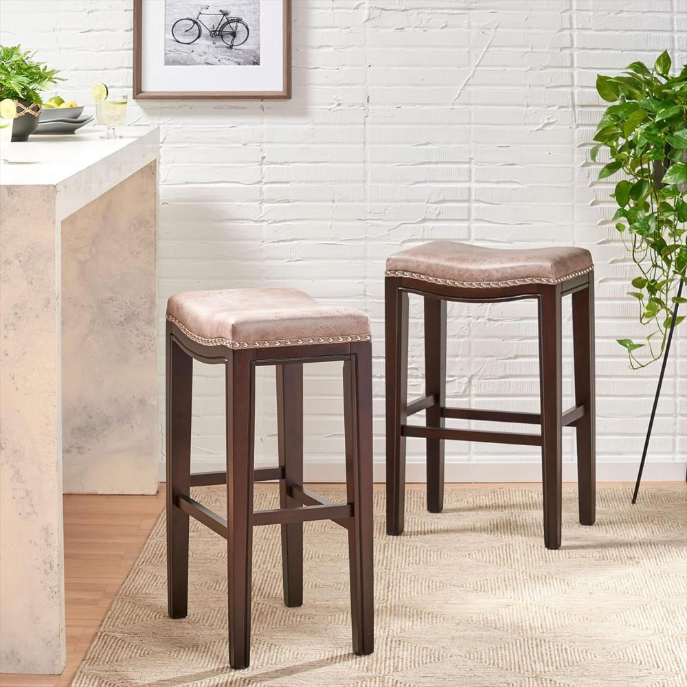 Taburete De Bar Gdfstudio Tapizado Sin Respaldo 76 Cm Gris Marrón Capuchino Juego De 2 img #2
