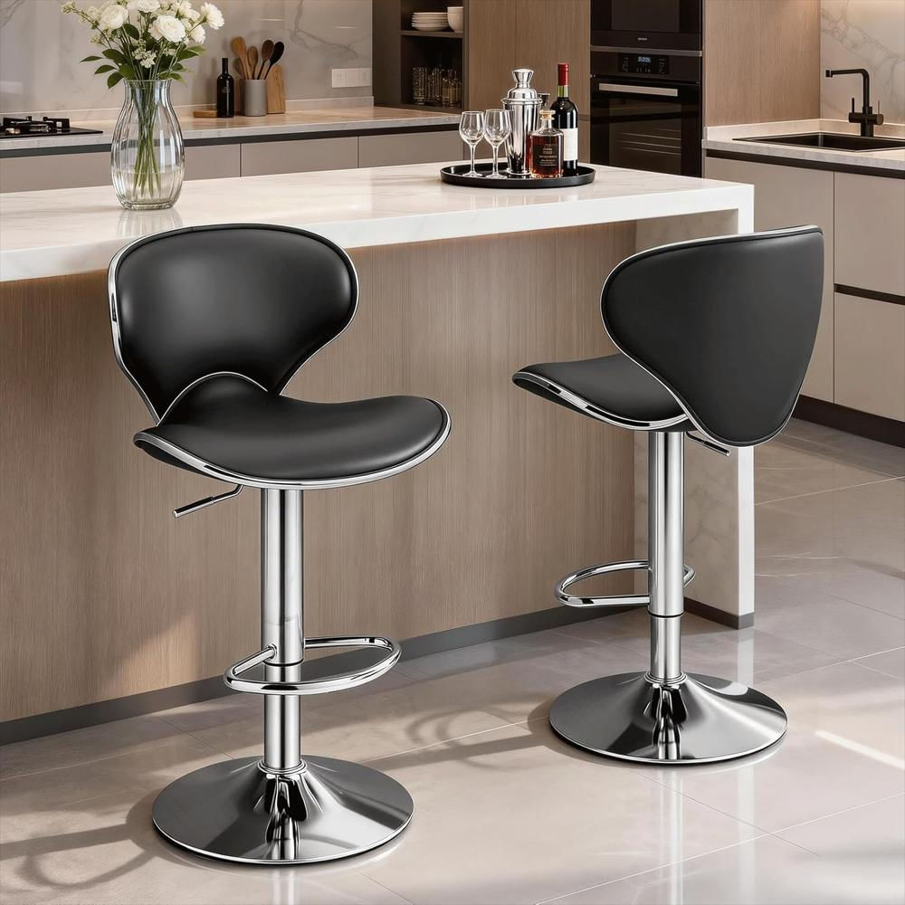 Taburete De Bar Magshion Ajustable Piel Sintética Giratorio Respaldo Color Negro img #2