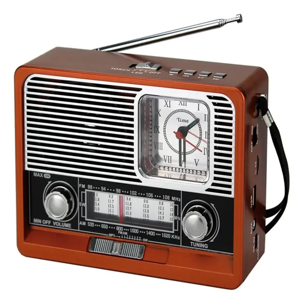 Radio Linterna Reloj Retro Recargable Madera Vintage Am Fm Sw Usb Mp3 Bluetooth Antena img #1