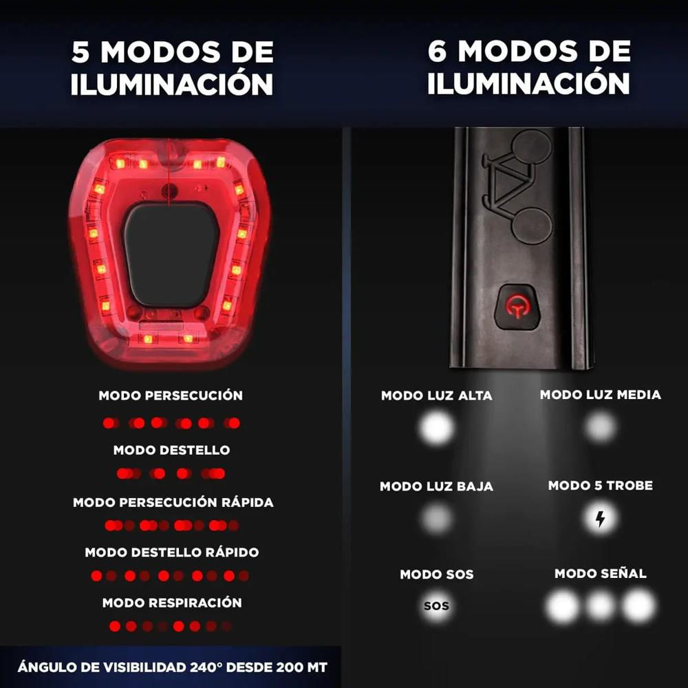 Luz Linterna Para Bicicleta Set Delantera Y Trasera Con Recarga Usb Impermeable Y 6 Modos De Iluminación img #5