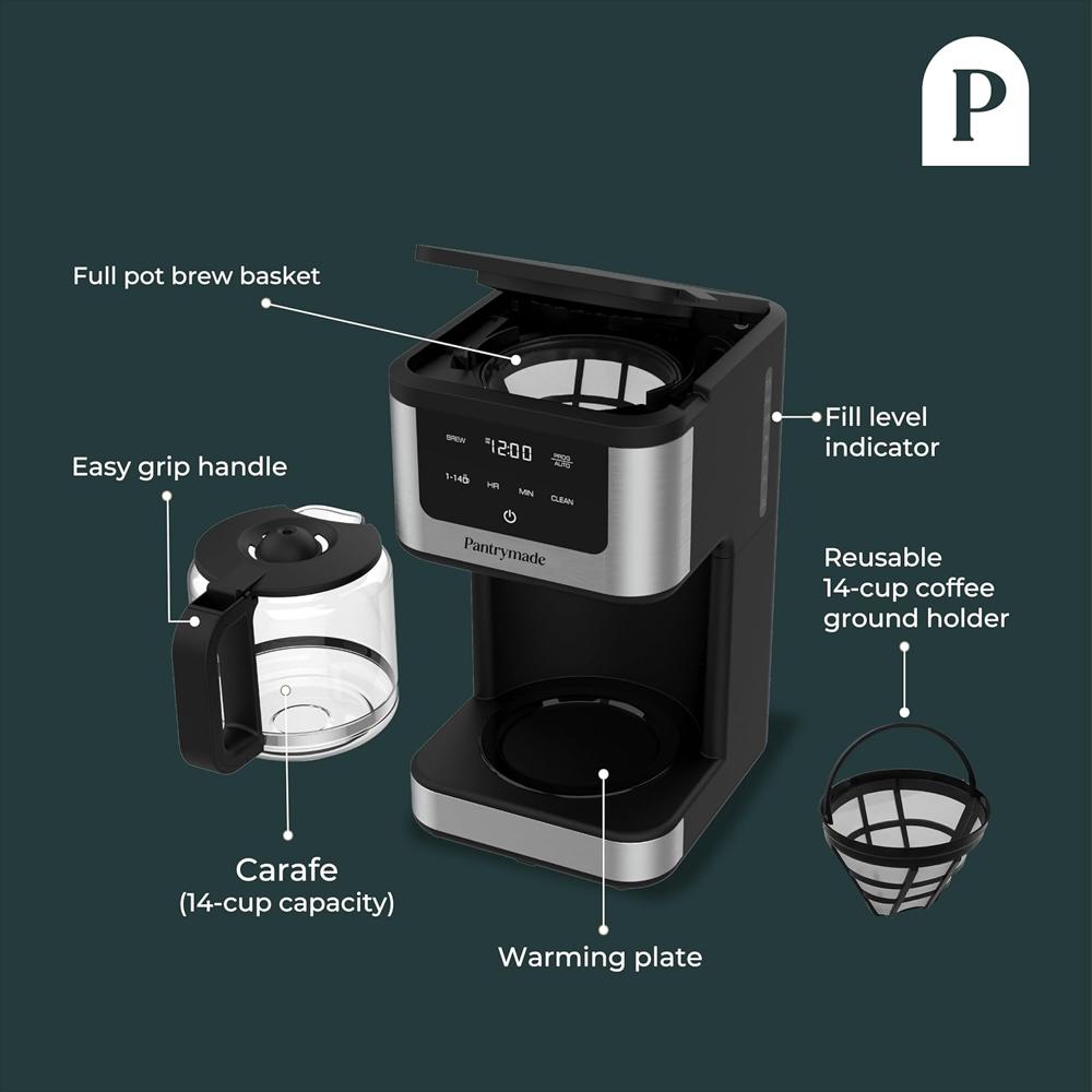 Cafetera Pantrymade Programable 14 Tazas Jarra Vidrio Apagado Automático Negra img #5