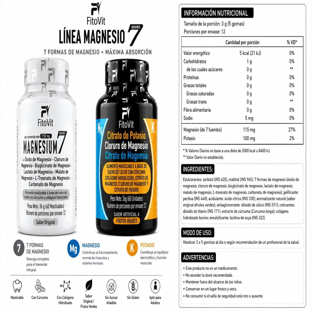 Combo 7 Magnesios Plus + Citrato De Potasio (2 Frascos X 60 Tabletas Masticables C/U) Invima img #2
